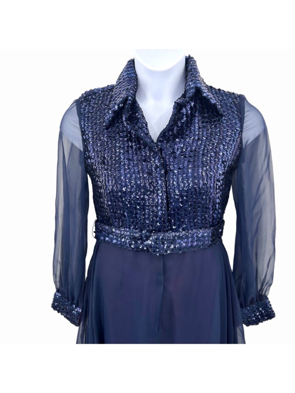 VINTAGE RONA NEW YORK BLUE SEQUIN CHIFFON FORMAL HOLIDAY DRESS - 14 - Picture 2 of 9